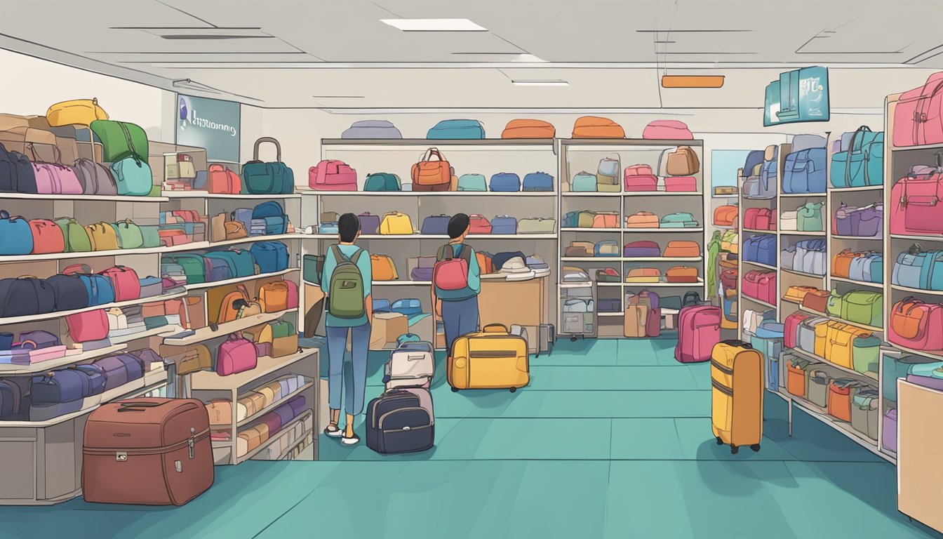 A bustling travel accessories store in Singapore, with shelves stocked with luggage tags, travel pillows, and adapters. Customers browse the colorful displays and try on neck pillows