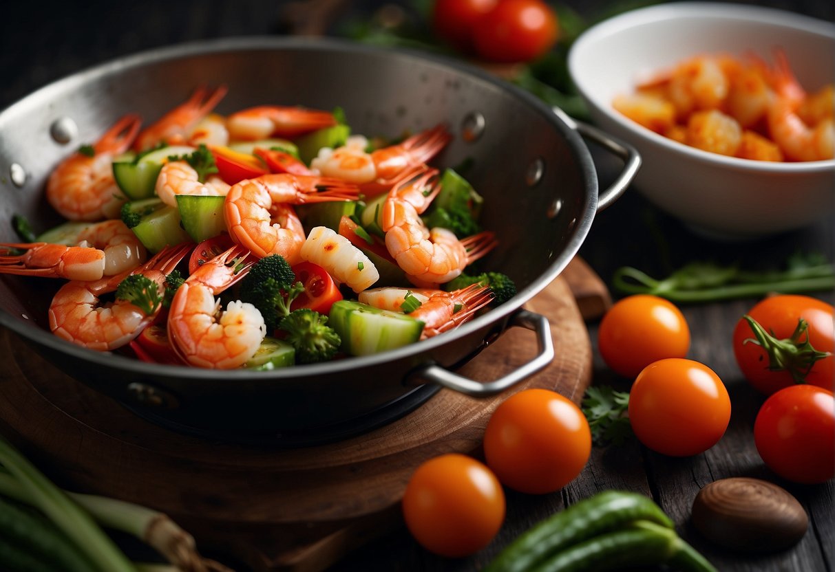 Prawns sizzle in a wok with sweet and sour sauce, surrounded by vibrant Chinese vegetables and aromatic spices