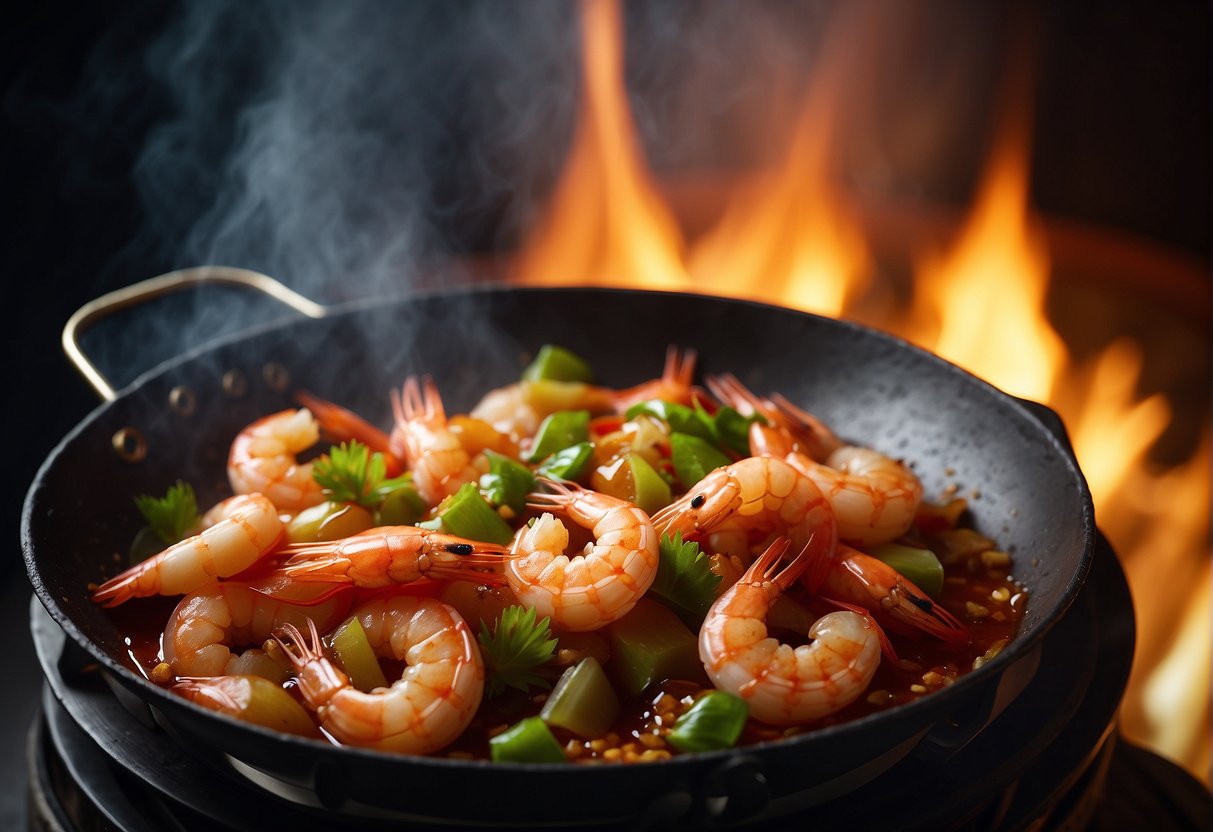 A sizzling wok filled with plump, juicy prawns coated in a glossy sweet and sour sauce. Aromatic steam rises, filling the air with the tantalizing scent of Chinese cuisine