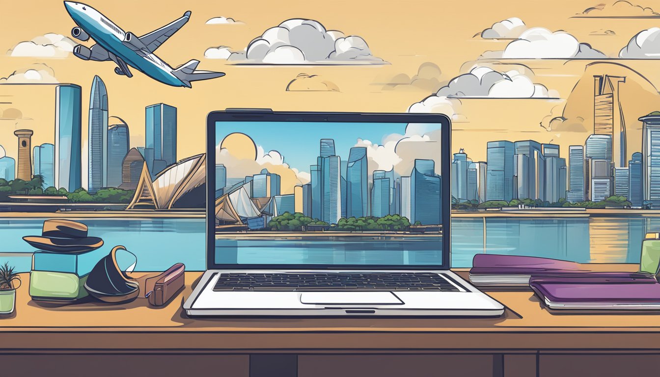 A laptop displaying a variety of travel accessories with the Singapore skyline in the background. A hand reaching for a passport holder