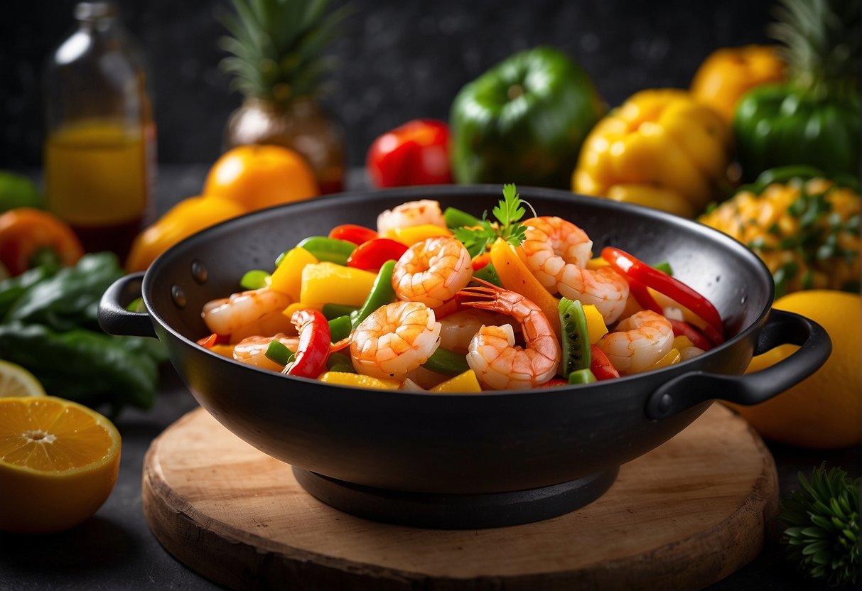 A wok sizzles with plump prawns in a glossy sweet and sour sauce, surrounded by vibrant chunks of pineapple, bell peppers, and onions