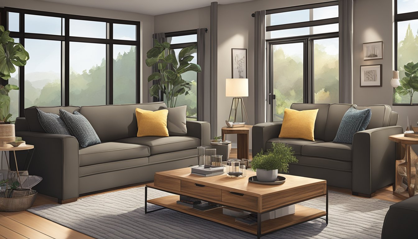 A cozy living room with a sleek Montana furniture set, available for purchase online. Warm lighting and modern decor complete the inviting space