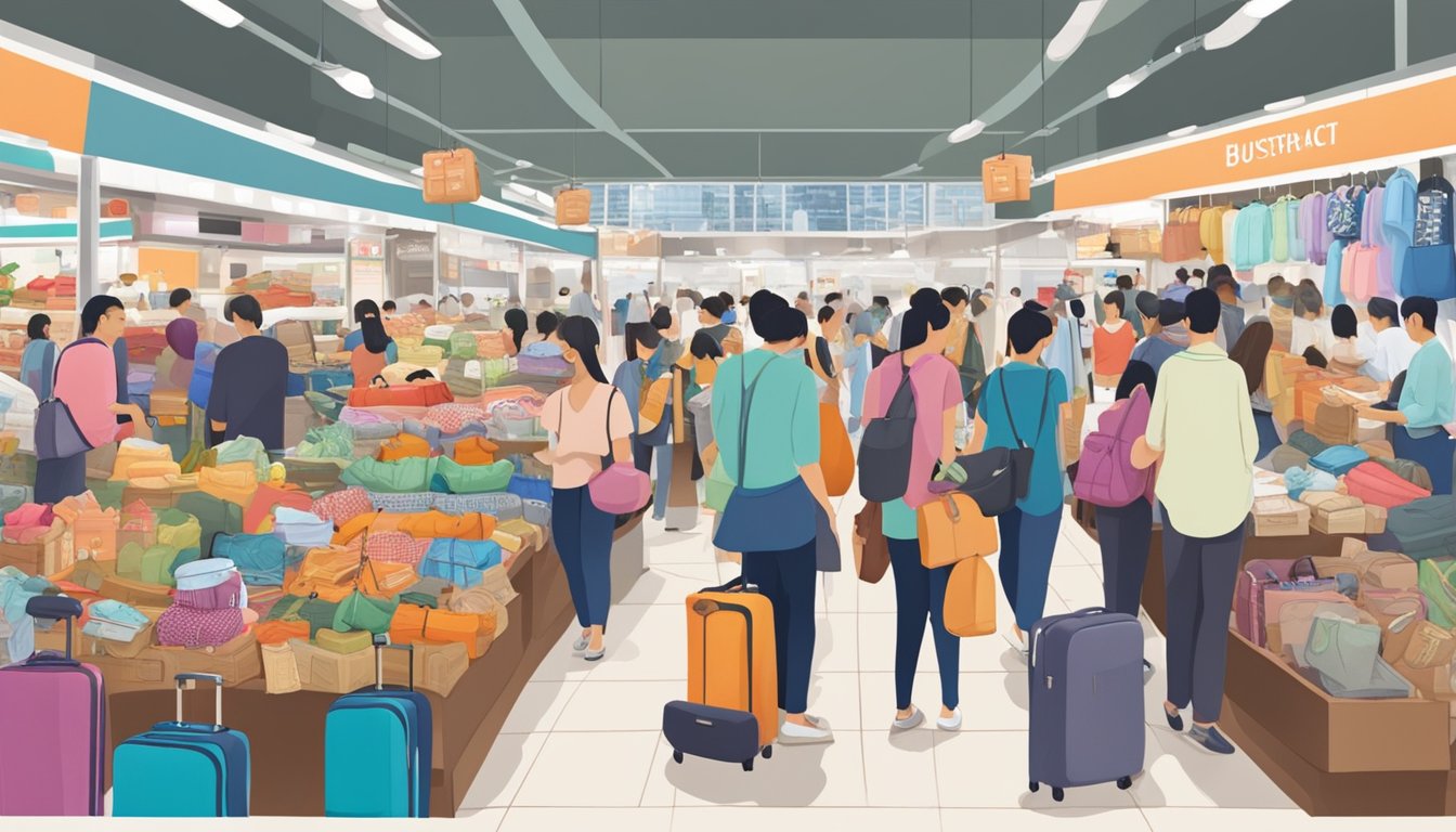 A bustling Singapore market stall displays a variety of travel accessories, from neck pillows to luggage tags, with curious shoppers browsing the selection