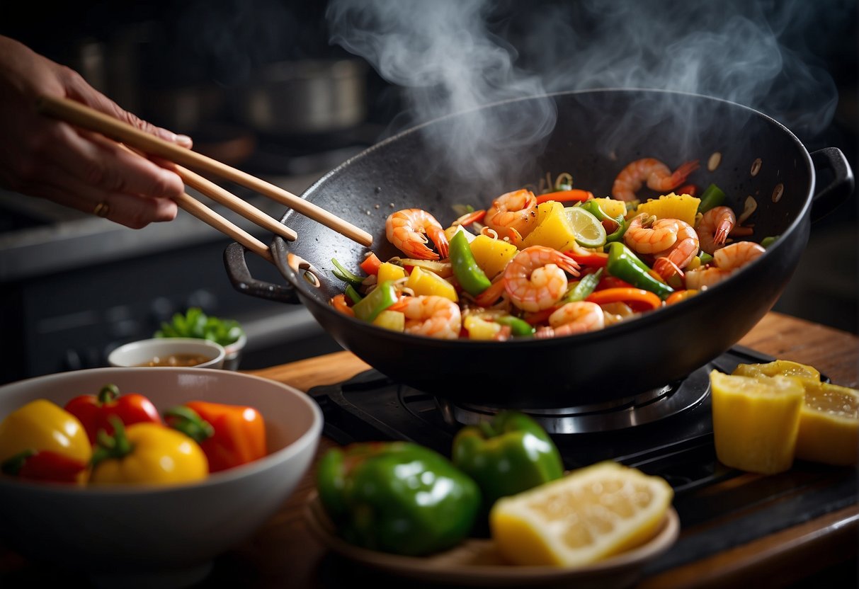 A wok sizzles with prawns, pineapple, and bell peppers in a tangy sweet and sour sauce. Steam rises as the chef adds a splash of vinegar, creating a mouth-watering aroma