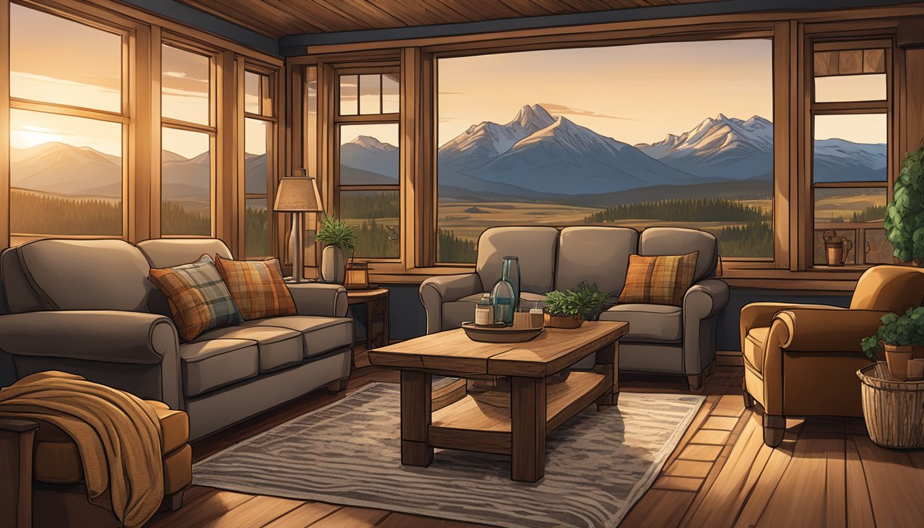 A cozy living room with a rustic Montana furniture set, warm lighting, and a view of the picturesque Montana mountain range