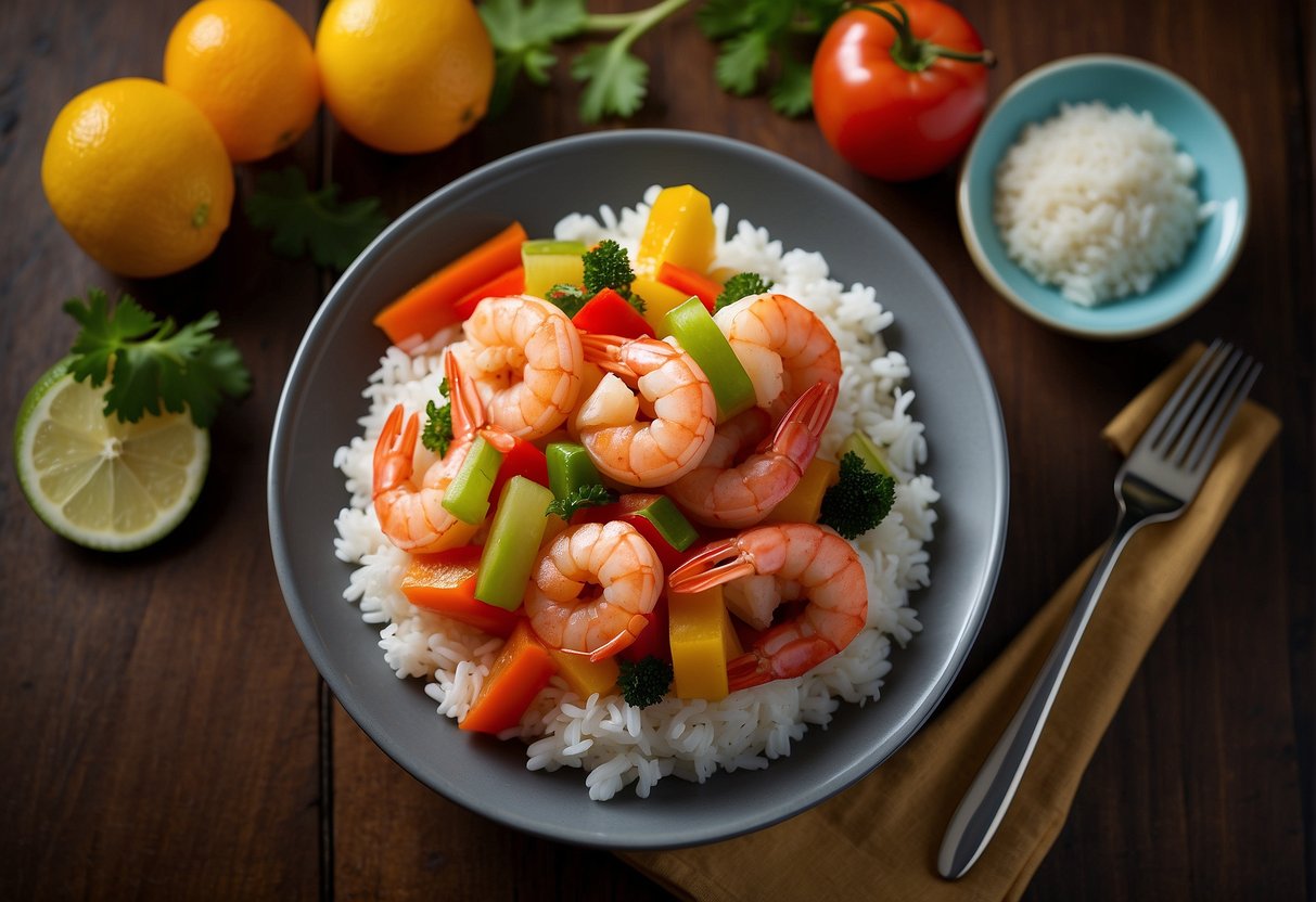 A plate of sweet and sour prawns with colorful vegetables and a side of white rice on a round, wooden table