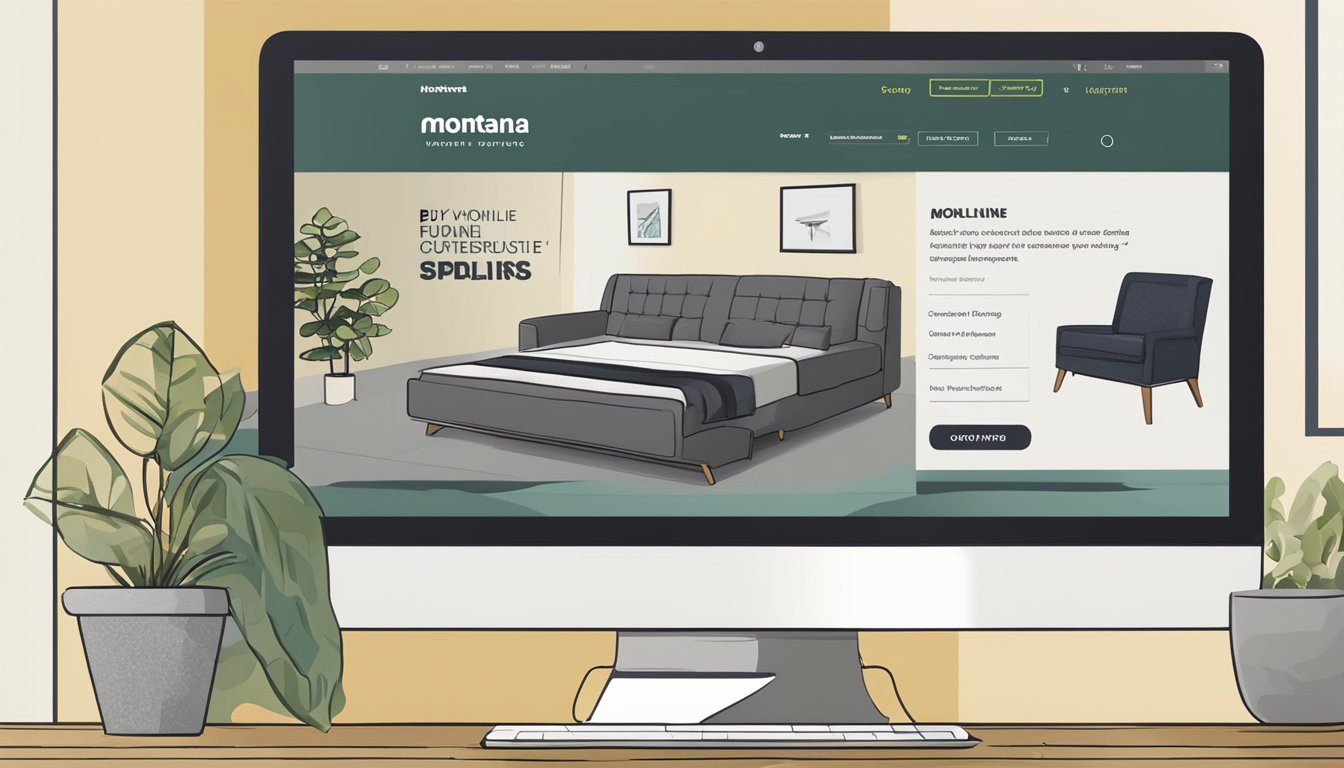A computer screen displaying Montana furniture website with a variety of products and a "buy online" button