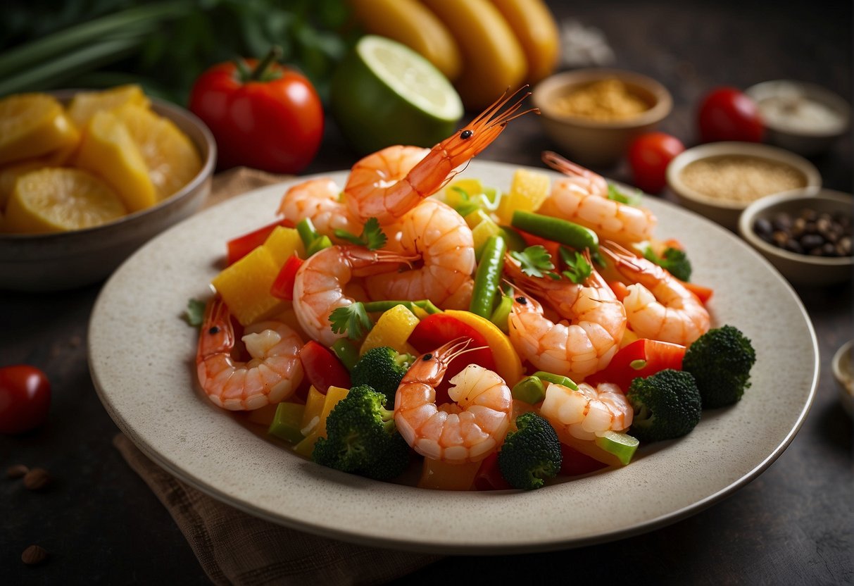 A plate of sweet and sour prawns with Chinese herbs and vegetables, accompanied by a detailed nutritional information label and dietary considerations