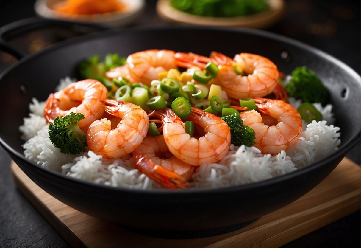 A sizzling wok with bubbling sweet and sour sauce coating plump prawns, surrounded by vibrant Chinese ingredients and steaming rice