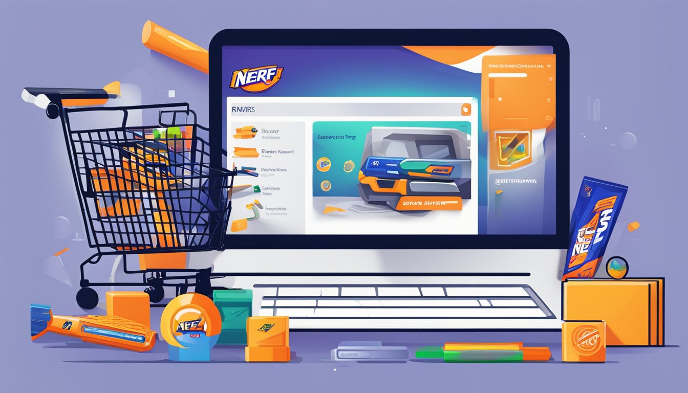 A computer screen showing a website with the "Nerf" logo, a shopping cart icon, and various Nerf products displayed for online purchase