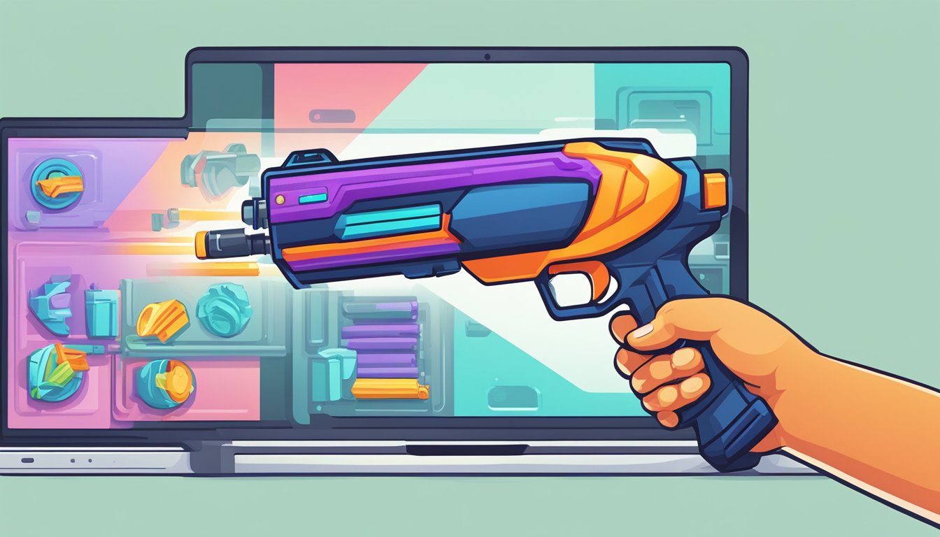 A hand reaches for a colorful Nerf blaster on a computer screen, with options to buy online displayed