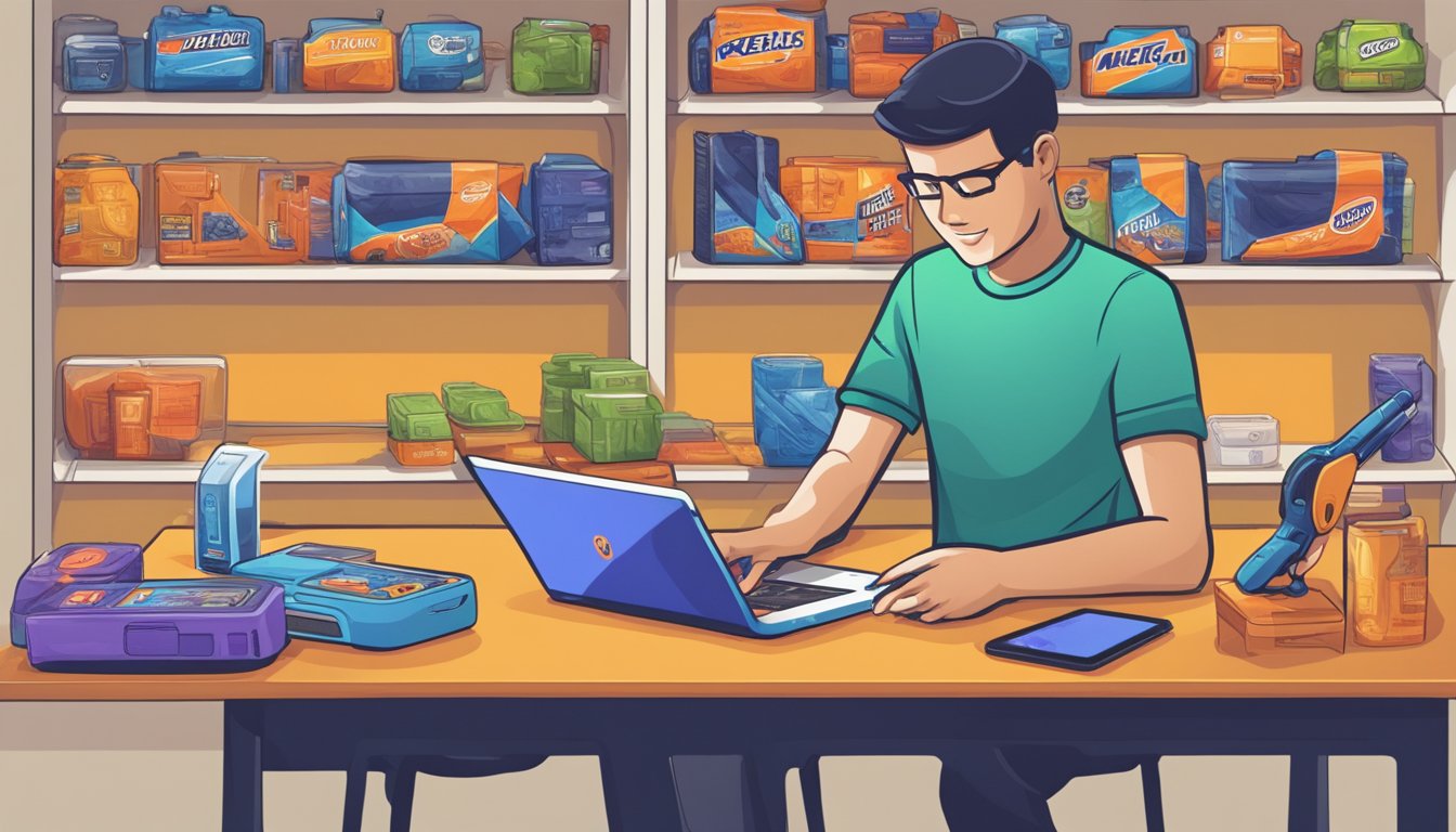 A person using a smartphone to browse different websites for Nerf products, comparing prices and making a purchase online