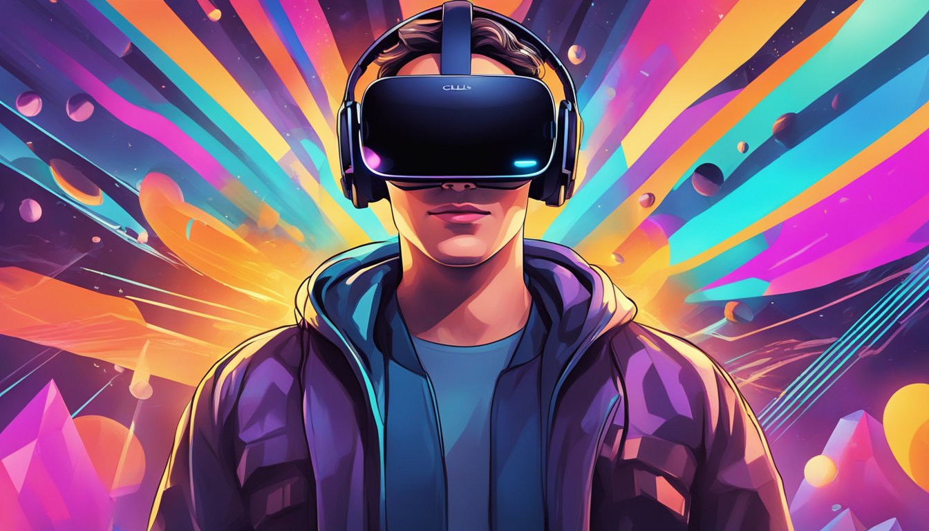 A person wearing an Oculus Rift headset, surrounded by a futuristic and immersive gaming and entertainment environment, with vibrant colors and dynamic visuals