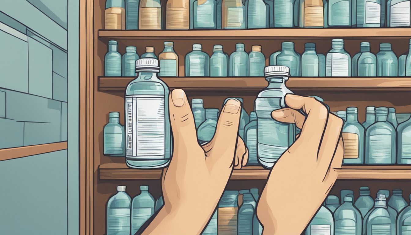 A hand reaching for a bottle of phenylpiracetam on a shelf, with a focused expression and a sense of determination in the eyes