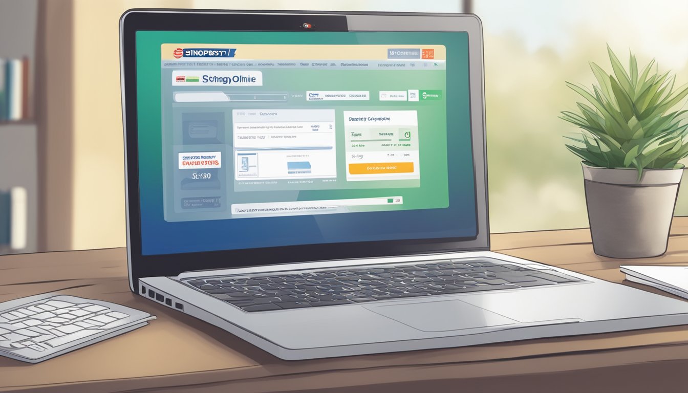 A computer screen displaying SingPost website with "buy stamps online" option and a credit card ready for payment