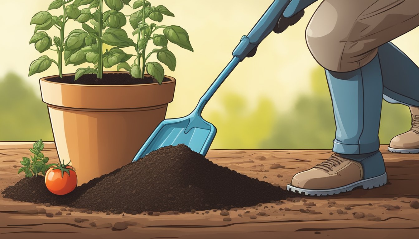 Tomato seeds being planted in rich soil, watered gently, and placed in a sunny spot. Pot and gardening tools nearby
