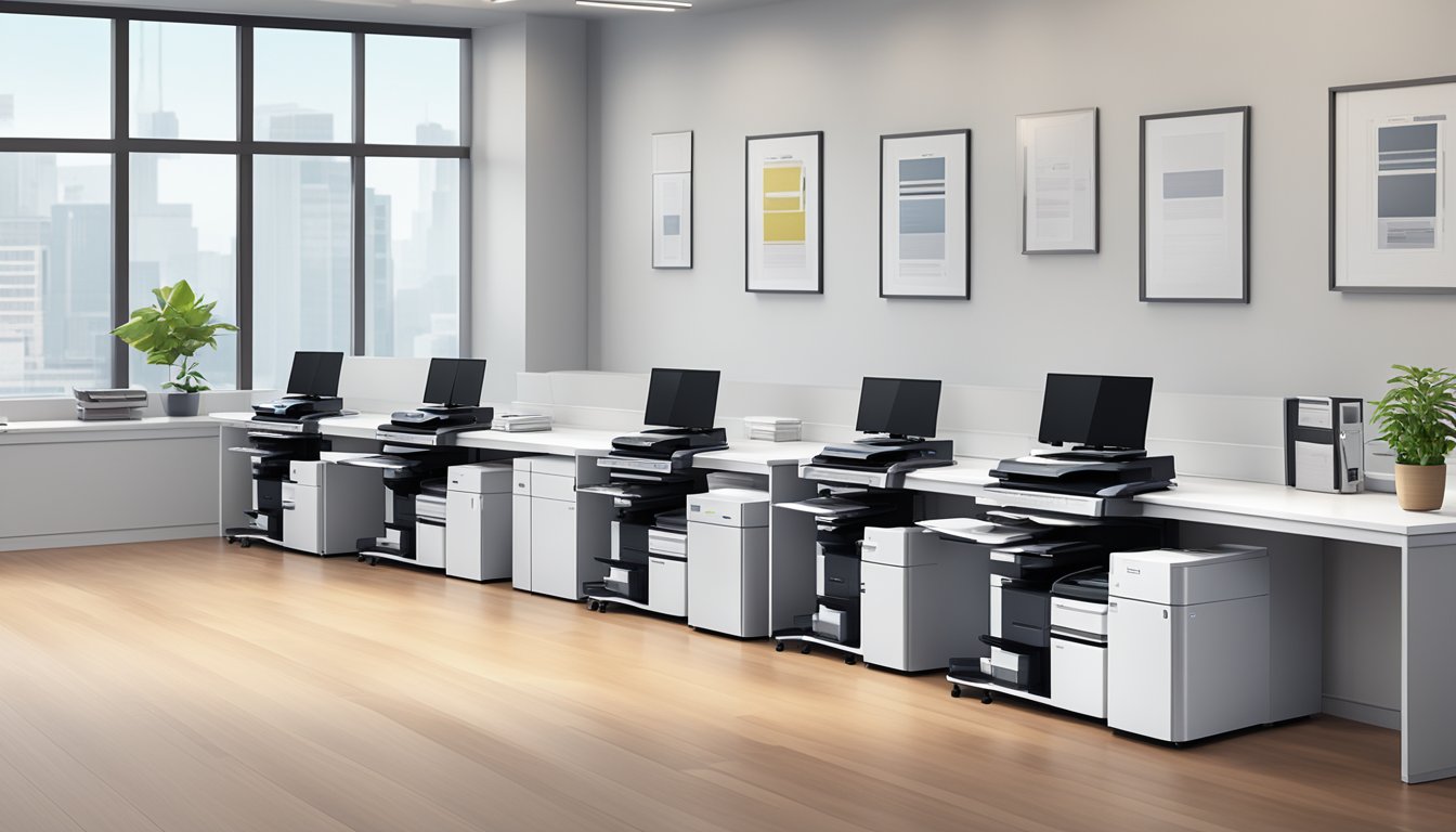 A sleek and modern office setting with a row of Ricoh printers lined up on a clean, organized desk. The printers are connected to various devices, with documents being printed seamlessly