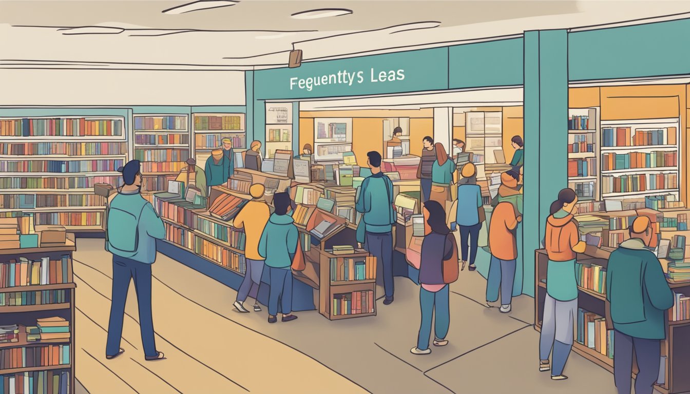 A bustling bookstore with a "Frequently Asked Questions" display. Customers browse shelves, while others line up to buy online