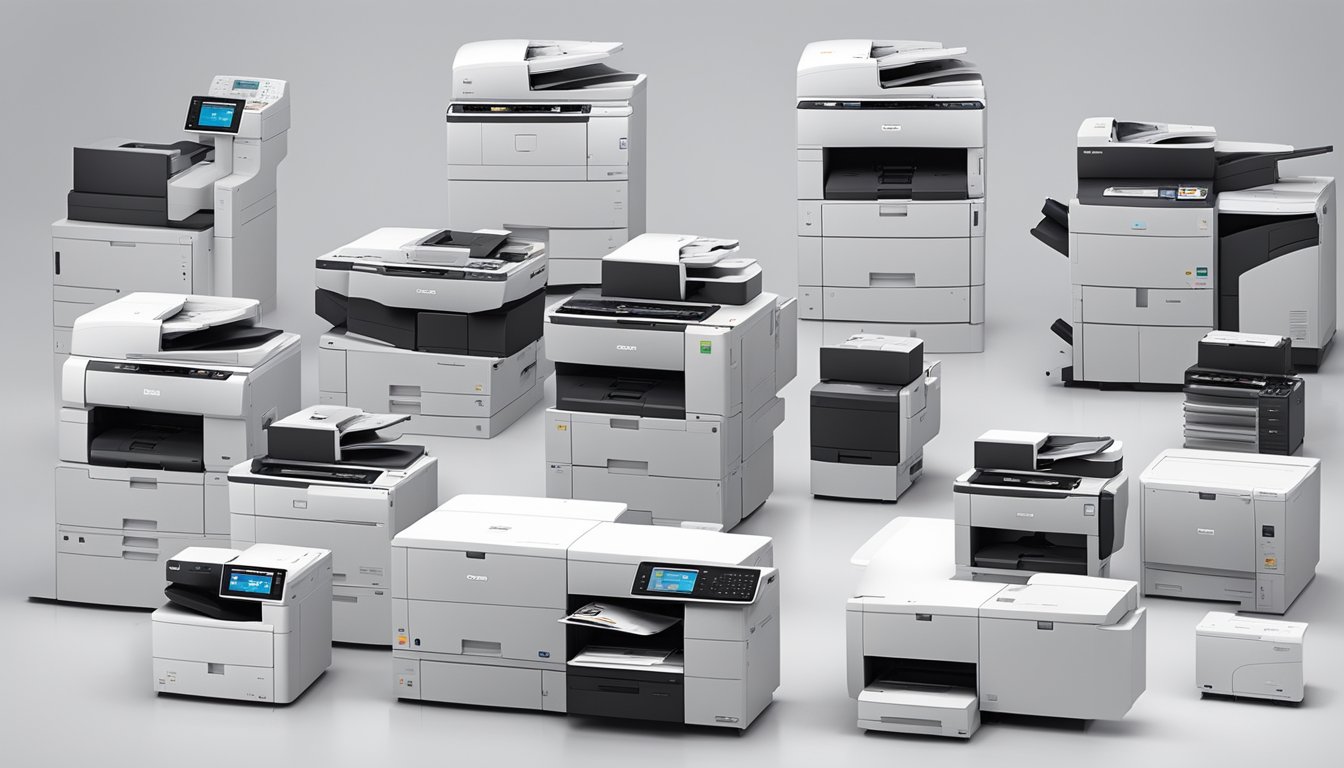 A variety of Ricoh printers and copiers are displayed on a sleek, modern website. The products are neatly organized and labeled, making it easy for customers to browse and purchase online