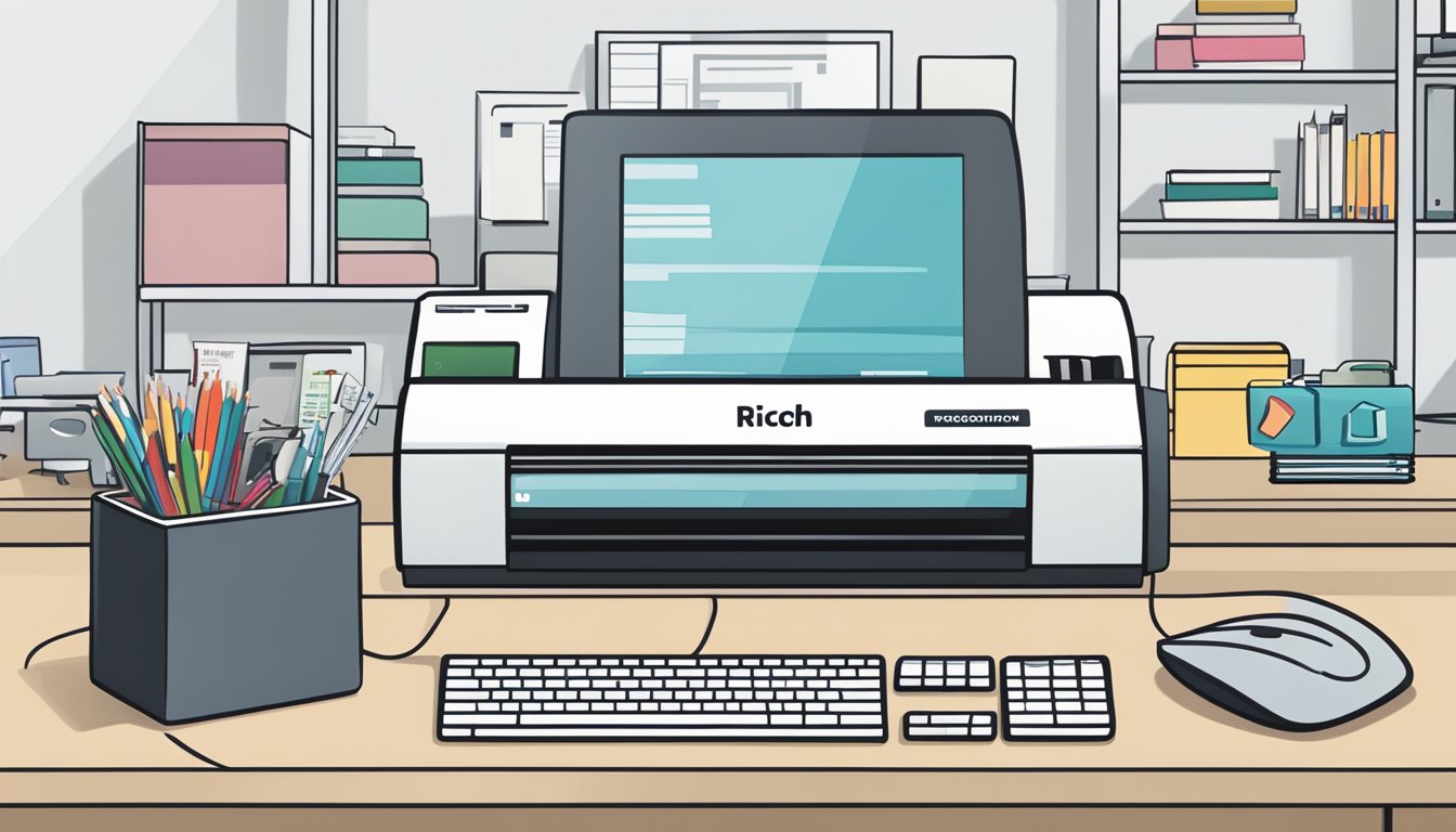 A computer screen displaying a webpage with the title "Frequently Asked Questions ricoh printer buy online" surrounded by various office supplies and a printer in the background
