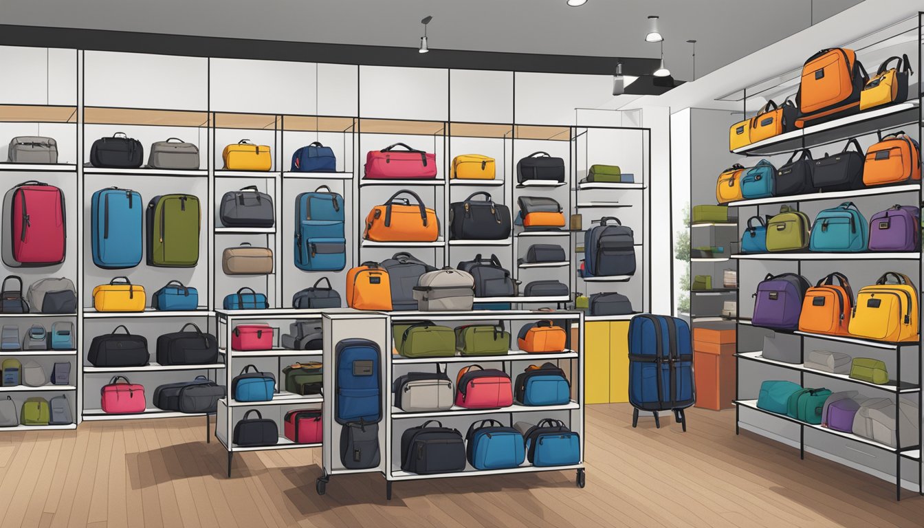 A display of Timbuk2 bags in a modern retail store in Singapore, with various styles and colors showcased on shelves and racks