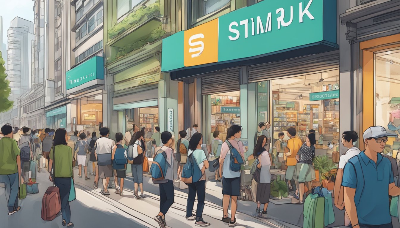 A bustling Singapore street with prominent Timbuk2 store signage, surrounded by curious shoppers and a line of customers