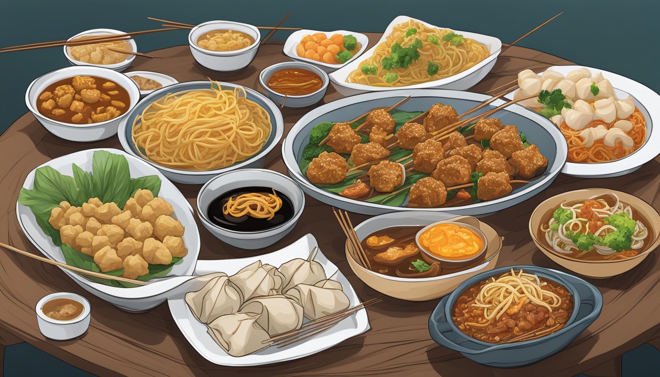 A table filled with various ready-to-eat dishes from local Singaporean markets, including dumplings, noodles, and satay skewers