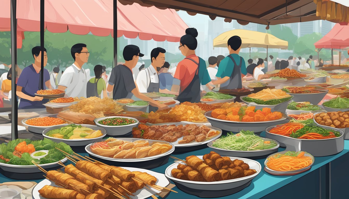 A table adorned with an array of delectable savory dishes, from crispy spring rolls to juicy meat skewers, all ready for purchase at a bustling Singaporean market