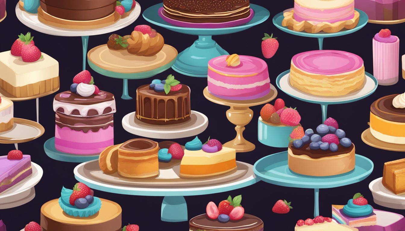 A table filled with colorful and decadent desserts, including cakes, tarts, and pastries, arranged neatly on serving platters and stands