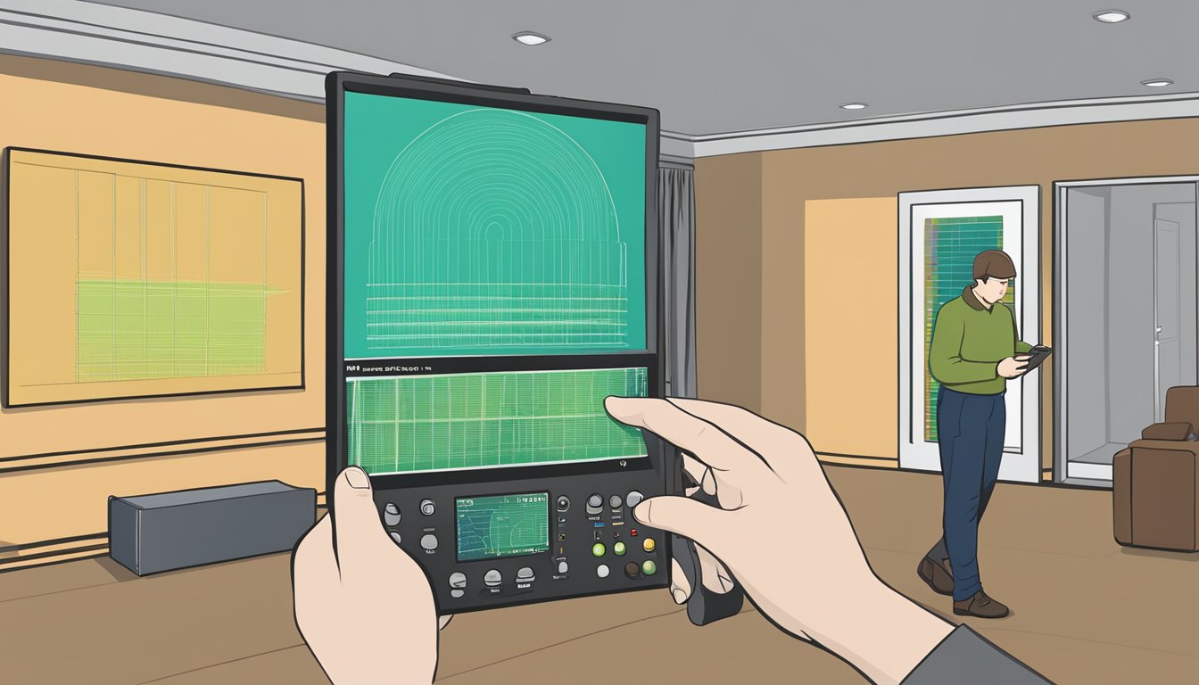 A hand-held RF detector scans a room for signals, while a person looks at a display showing signal strength