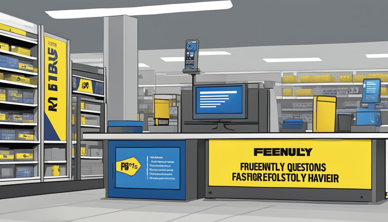 A hand-held RF detector displayed on a shelf in a Best Buy store, with a "Frequently Asked Questions" sign nearby