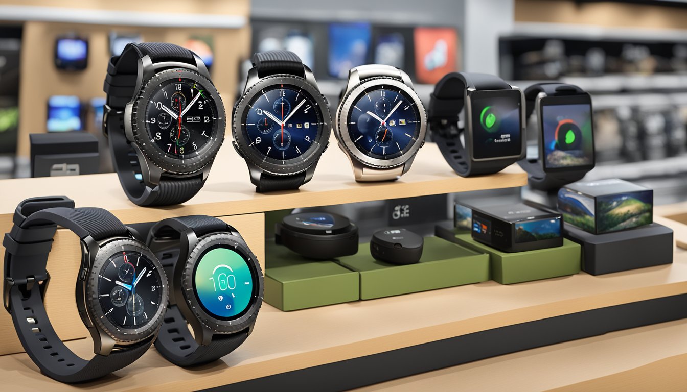 The Samsung Gear S3 Frontier is displayed on a shelf at Best Buy, surrounded by other smartwatches and electronic devices