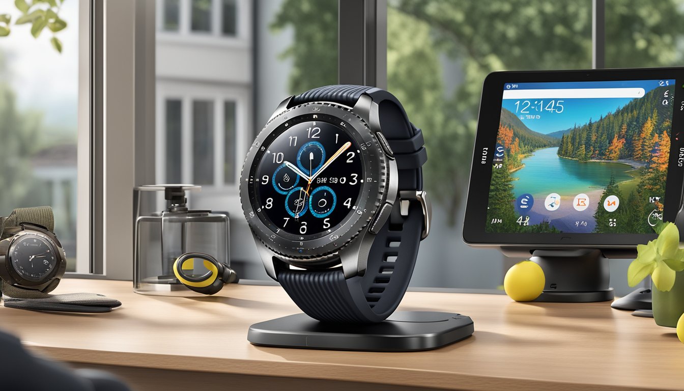 The Samsung Gear S3 Frontier sits on a sleek, modern smartwatch stand, surrounded by a variety of outdoor and fitness accessories. The watch face displays a customizable digital clock with a rotating bezel for easy navigation