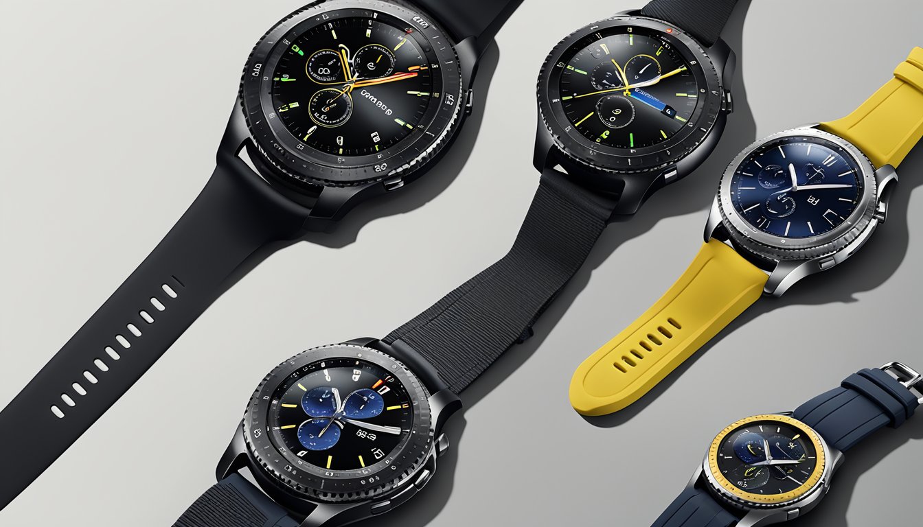 A Samsung Gear S3 Frontier watch sits next to a Best Buy logo, showcasing compatibility and comparisons