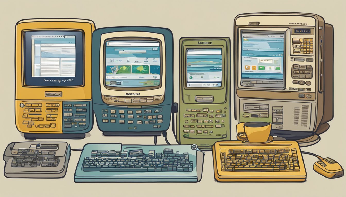 A computer screen displaying a website with "Samsung old phones buy online" on the search bar, surrounded by various vintage Samsung phone models