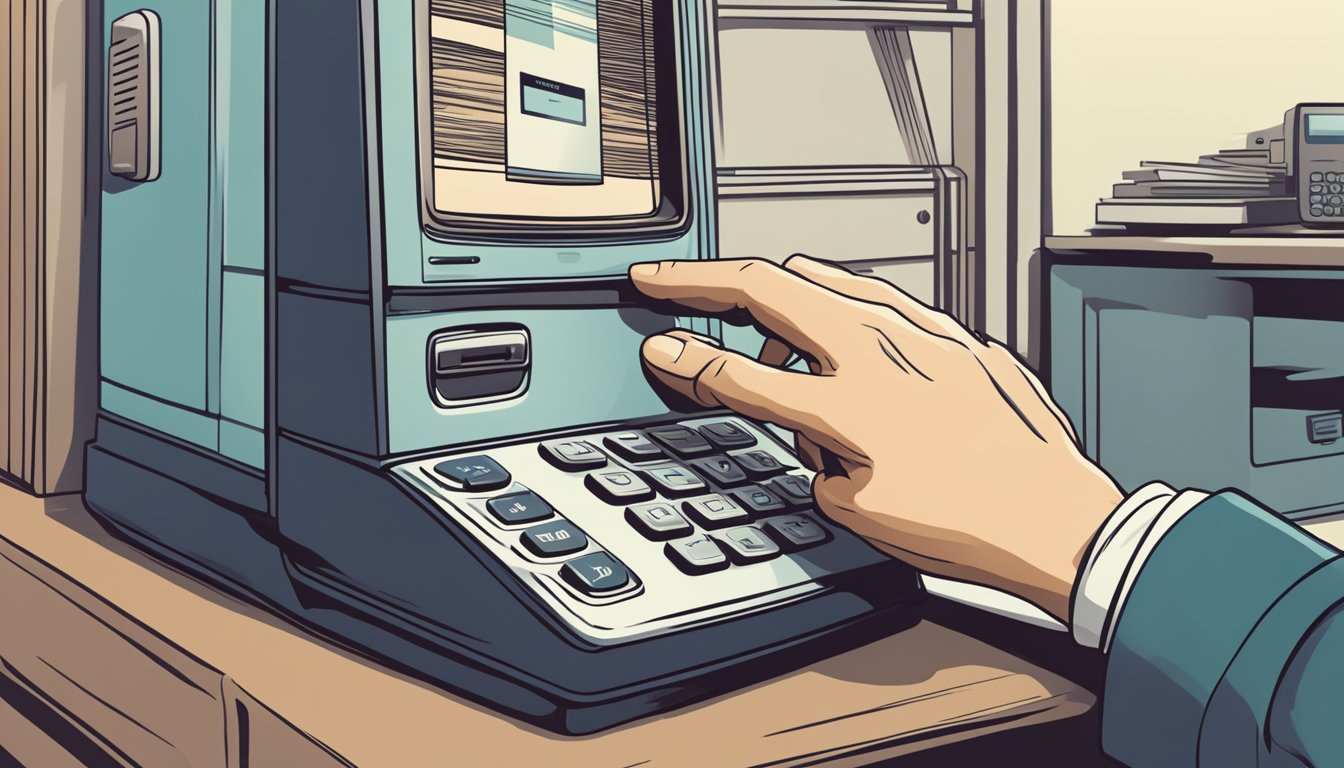 A hand reaches for a vintage Samsung phone on a computer screen, with a "Buy Now" button highlighted