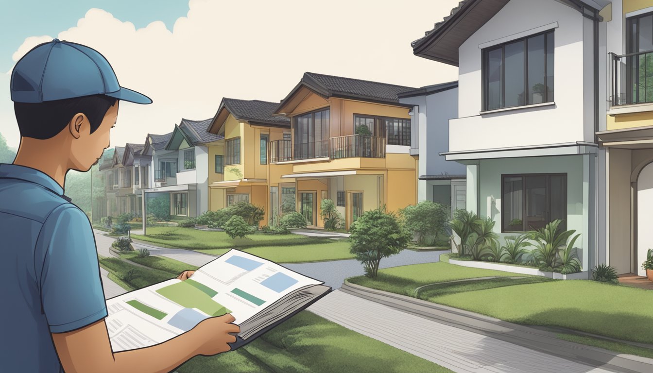 A person reading eligibility criteria for housing schemes in Singapore, with a single-family house in the background