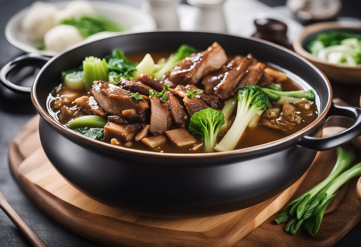 A large pot simmering with braised pork leg, shiitake mushrooms, and bok choy in a savory soy sauce-based gravy