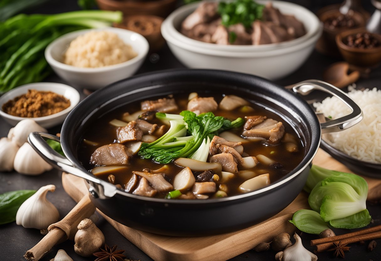 A simmering pot of Pata Tim, filled with tender pork, shiitake mushrooms, and bok choy, surrounded by aromatic spices and a rich, savory sauce