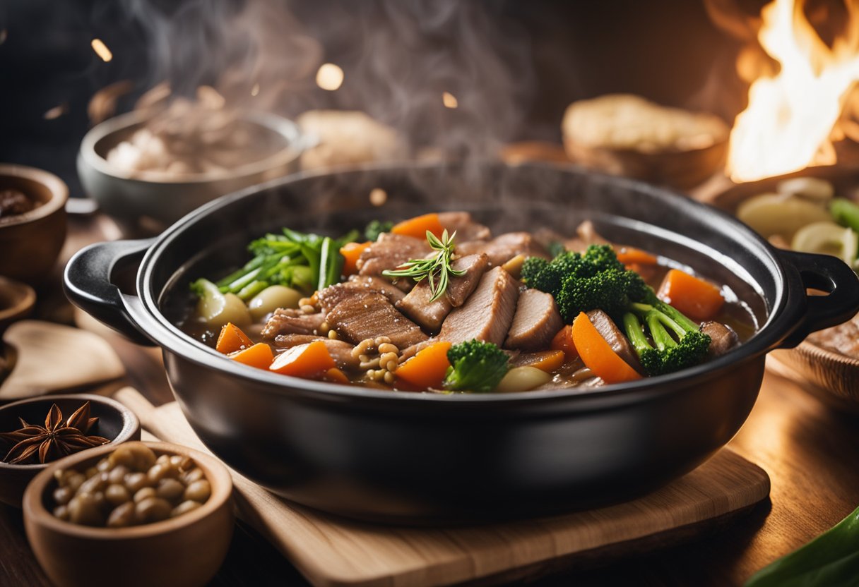 A large pot simmering with tender pork, soy sauce, star anise, and vegetables, creating the savory aroma of Chinese pata tim