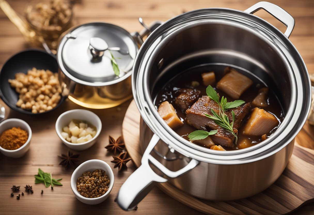 A large pot simmers with soy sauce, star anise, and tender pork leg, while a fragrant aroma fills the kitchen