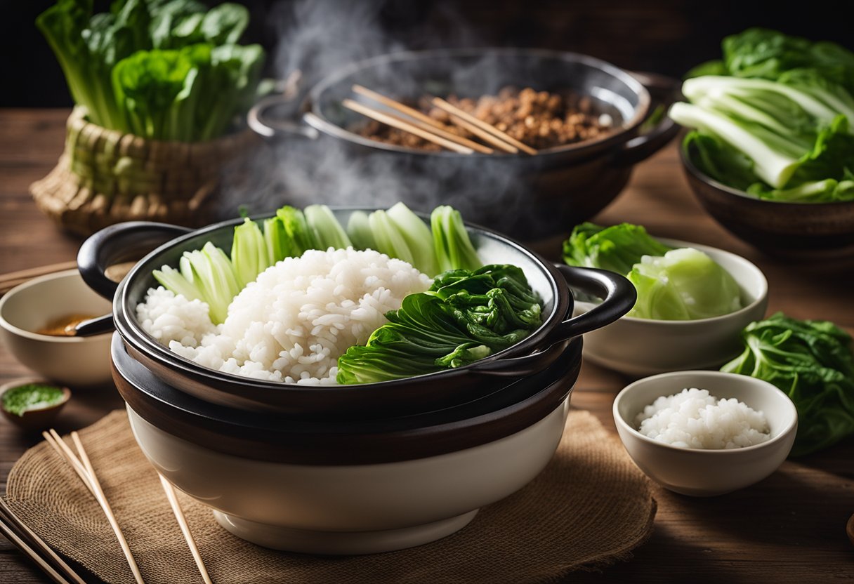 A steaming pot of Chinese pata tim sits on a rustic wooden table, surrounded by bowls of fluffy white rice and vibrant green bok choy. A pair of elegant chopsticks rest on a delicate porcelain plate, ready for serving
