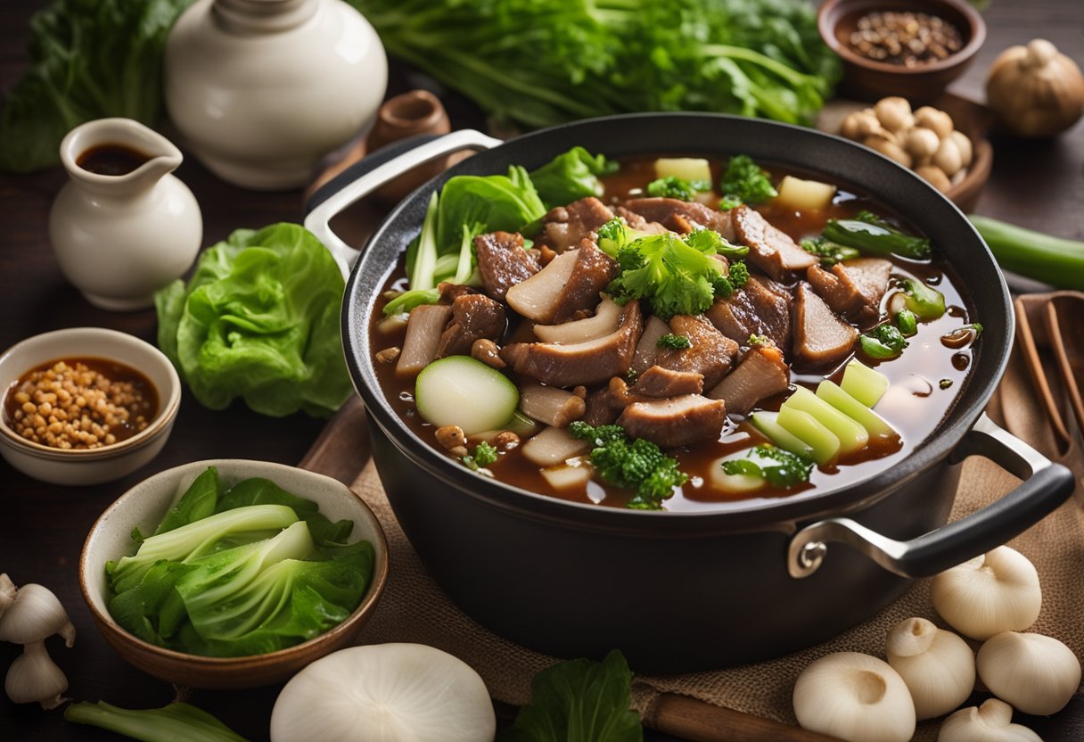 A steaming pot of Chinese pata tim with a rich, savory sauce, surrounded by ingredients like bok choy, mushrooms, and tender pork
