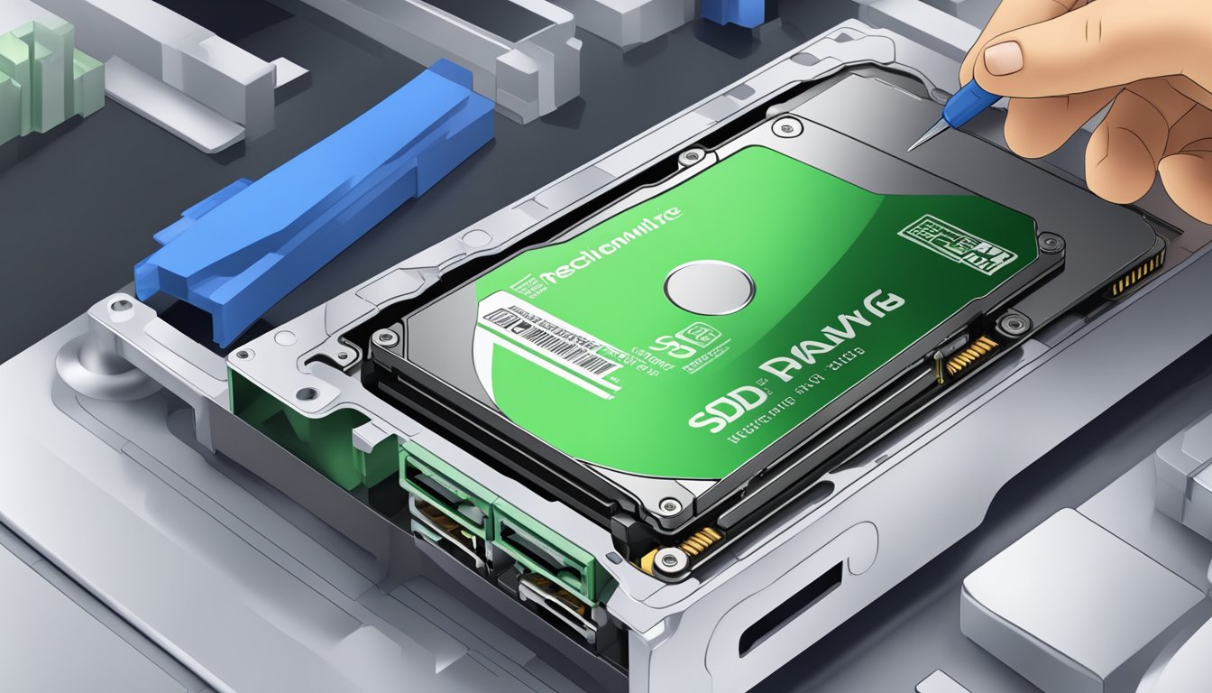 An SSD hard drive is being carefully installed into a computer, with a focus on optimizing performance and longevity