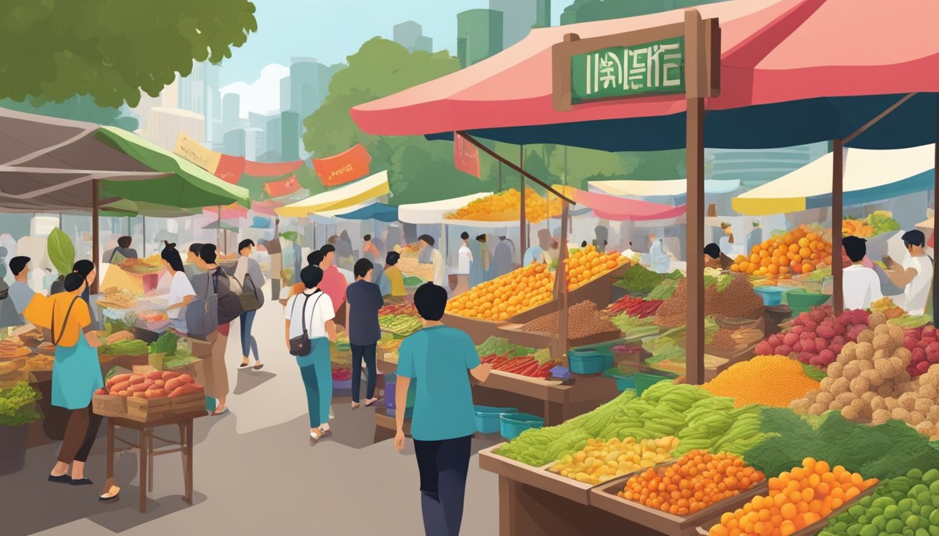A bustling market stall in Singapore, adorned with vibrant tamarind fruits and signage indicating "where to buy." The scene is filled with colorful produce and bustling activity