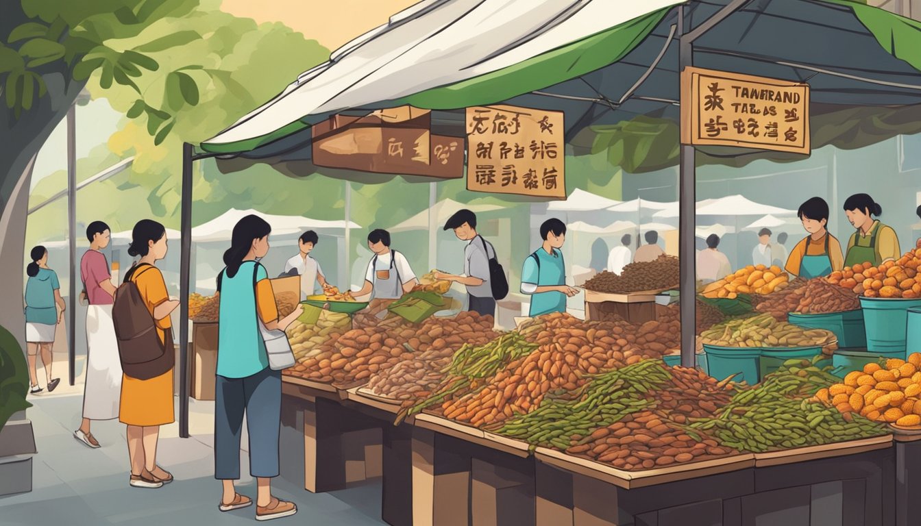 A bustling Singapore market stall displays fresh tamarind pods and a sign reading "Tamarind for Sale." Shoppers browse nearby
