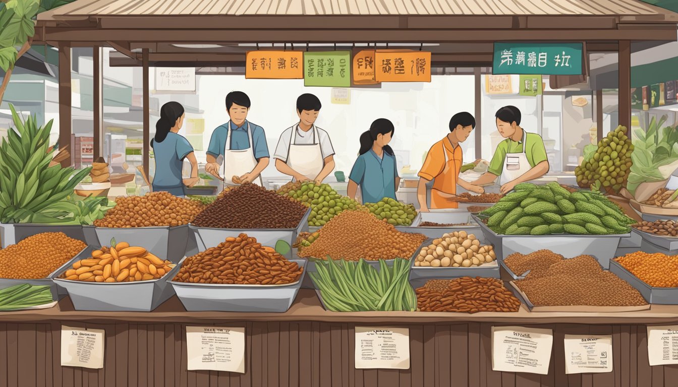 A bustling Singapore market stall displays fresh tamarind pods and a sign advertising culinary uses and recipes