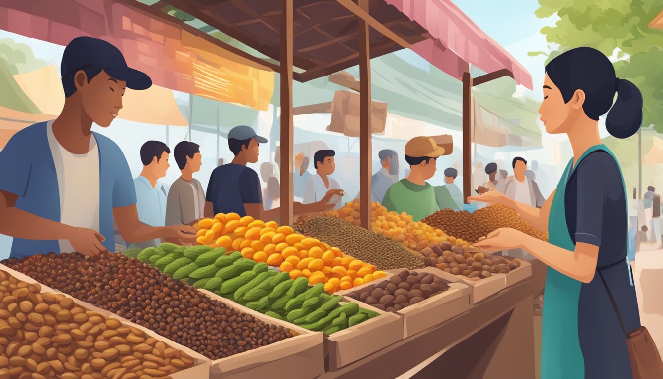 A bustling market stall with colorful tamarind displays, customers asking questions, and a helpful vendor pointing to the various tamarind products