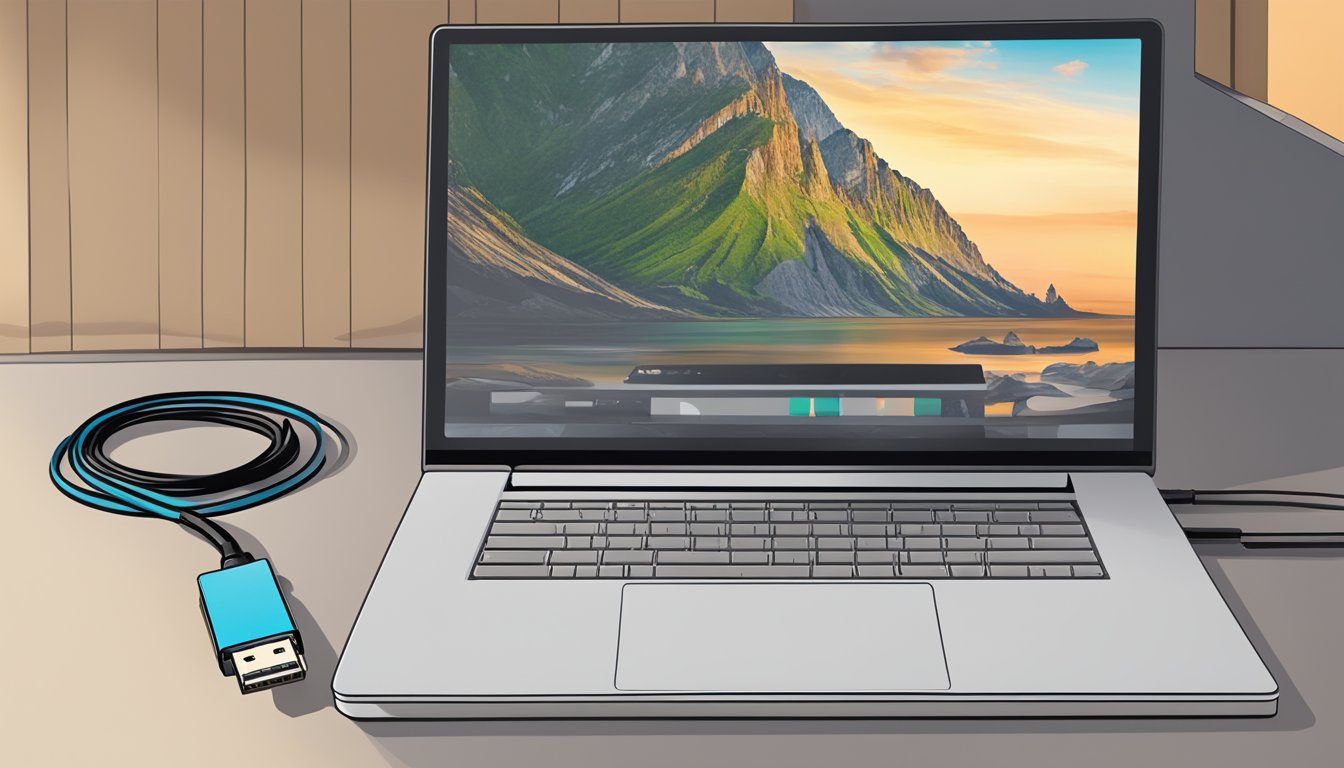 A USB-C to HDMI cable plugged into a laptop and a TV, with the laptop screen mirroring on the TV
