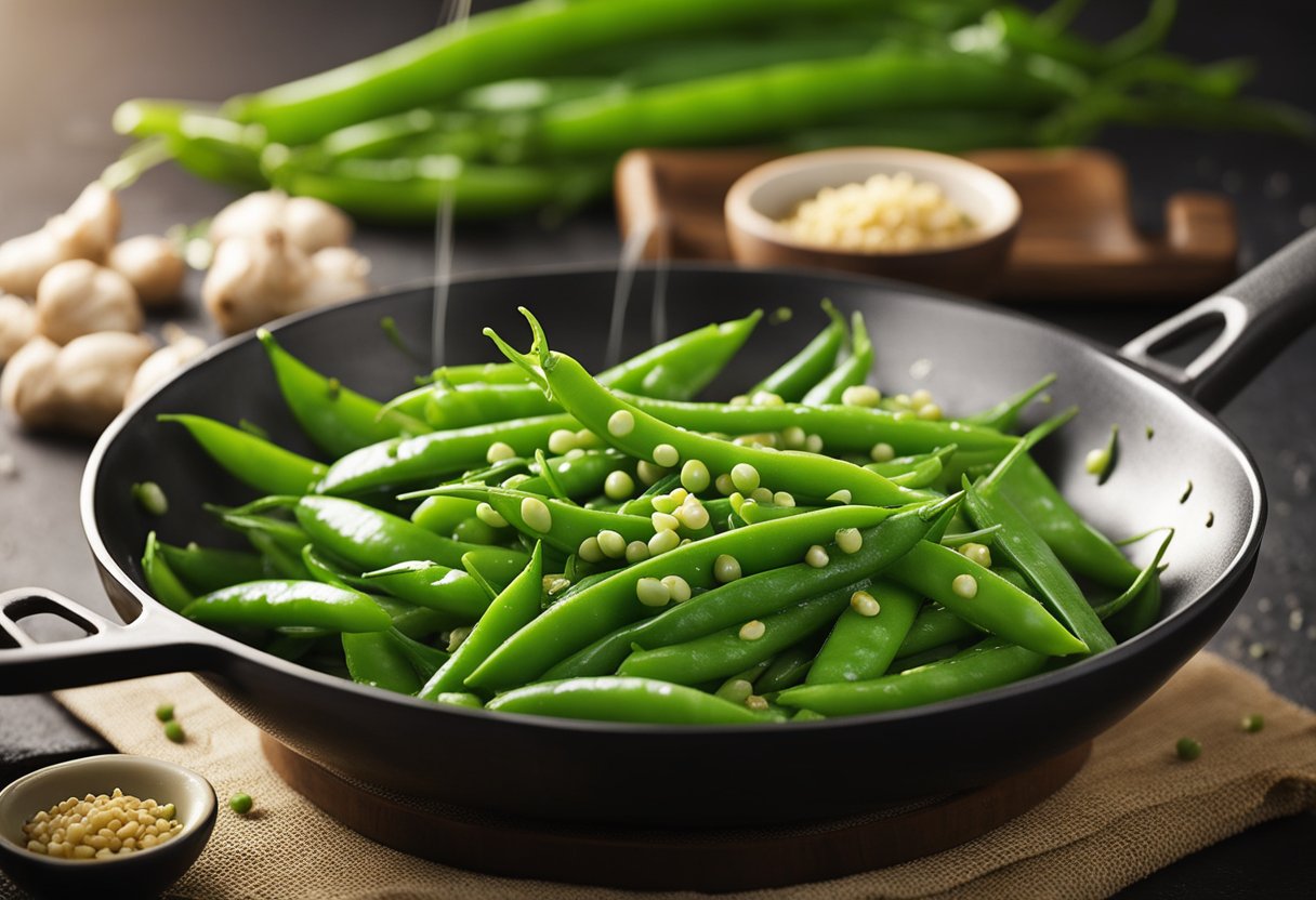 Fresh pea pods being stir-fried with garlic and ginger in a sizzling wok, emitting fragrant steam. Soy sauce and sesame oil are being drizzled on top